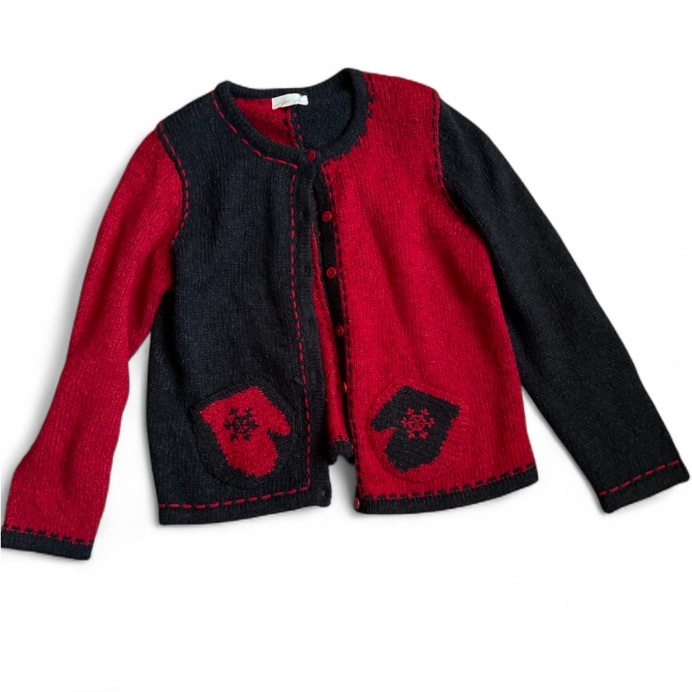 Vintage Christopher & Banks Hand Embroidered Mitten Christmas Knit Cardigan. L.